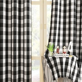 UPOPO Cortinas de ventana de búfalo a cuadros de 63 pulgadas de largo, paneles de cortina de algodón para recámara, a cuadros, decoración de granja, cortinas con bolsillo para barra, cocina, baño, sótano, 2 paneles negro y blanco, 52 x 63 pulgadas