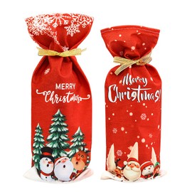 Yahpetes Christmas Wine Bottle Bag 2Pcs Xmas Gift Bags Santa Clause, Snowman Red Wine Bottle Cover Bags with Drawstring for Christmas Party Decorations