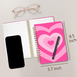 Stanoha Cute Spiral Notebook journal A5 Aesthetic Pretty Floral Design for Women Girls Kawaii with Pocket, 8.5 x 5.7 inch, Pink Heart