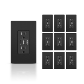 TOPELER 10 Pack USB Wall Outlet, Receptacle with USB C & USB A Ports, 15 Amp Duplex Tamper Resistant Receptacle Plug, Screwless Wall Plate Included, UL & FCC Listed, Black
