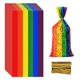 Lecpeting 100 Pcs Rainbow Treat Bags Rainbow Stripes Print Cellophane Candy Bags Plastic Goodie Storage Bags Birthday Party Favor Bags with Twist Ties for Baby Shower Birthday Party Supplies