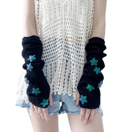 SEENFAAN Women's Arm Warmers, Mine-type, Plain Arm Cover, Long, Star, Y2K, Cold Protection, Sunscreen, Finger Holes, Breathable, Stretch, UV Protection, Scar Shield, Knit Arm Sleeve, Warm, Knit Gloves