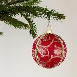 Rishit Handmade Bauble | 8cm Red and Gold | Upcycled Fabric from an Old Sari | Unique Christmas Ornament | Eco-Friendly Décor | Sustainable Elegant Tree Decoration