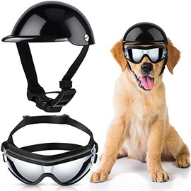 2 Pcs Dog Sunglasses and Pet Helmet Set with Dog Goggles, Dust Wind UV Protection Dog Glasses Dog Helmet and Goggles Adjustable Dog Motorcycle Helmet Bike Hat for Medium or Large Pet Dog(Cool Style)