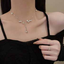 Yienate Unique Pearl Crystal Y Necklace Choker Chain Silver Fish Line Chain Pearl Beads Satellite Chain Tassel CZ Rhinestone Pendant Necklace Sparkly Crystal Prom Necklace Jewelry for Women Girls