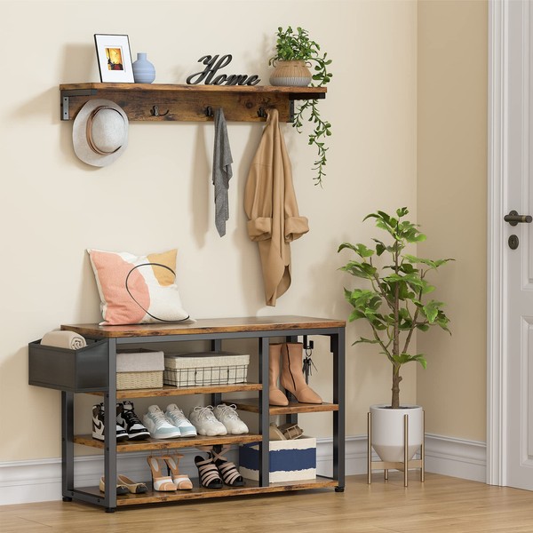 Aiho Hall Tree Shoe Bench with Storage, 4 in 1 Coat Rack Set, Industrial Bench with 4 Hooks, 5 Storage Shoe Cubbies, for Entryway, Hallway, Rustic Brown