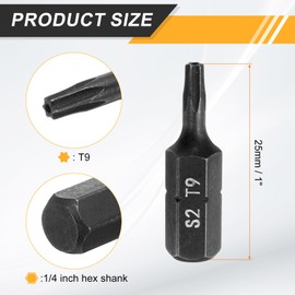 HARFINGTON 5pcs T9 Torx Screwdriver Bit 1/4" Hex Shank 25mm/1" Length S2 Steel Star 6 Point Head Hex Security Screw Driver Bits with Hole for Impact Electric Screw Driver Power Tools, Black