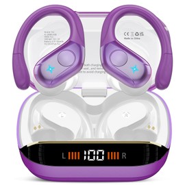 Qecnato Bluetooth Headphones Sport, 75H, In-Ear Headphones Wireless Bluetooth 5.4, HiFi Stereo, Earphones with 4 HD ENC Mic, LED Display, IP7 Waterproof Wireless Headset with Ear Hooks, Light Purple