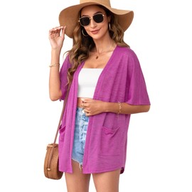 Wiwclo Women's 2025 Summer Lightweight Cardigan Short Sleeve Open Front Casual Loose Cover Ups with Pockets, A05-magenta, S