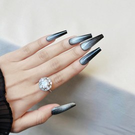 Fantasticlady Magnetic Glue On Nails,Long,Coffin Agate Green Cat Eye Impress,Salon Quality,Reusable, Glossy Summer nails kit acrylic set for Women (Silver)