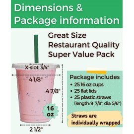 Aatriet 16 oz Clear Plastic Cups with Lids and STRAWS, Disposable Party Cups for To Go Iced Coffee Cold Drinks, Smoothie, Juice, Parfait, Frappuccino, Milkshake. No Leaking Fruit Cup, 25 Sets