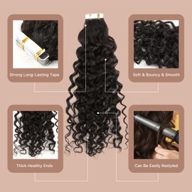 Bella Hair Premium Remy Human Hair Curly Wave Tape In Hair Extensions - Full Cuticle Aligned, 20pcs 20 inch 50g Natural Black Hair Piece, Damage-Free Instant Natural Look Volume