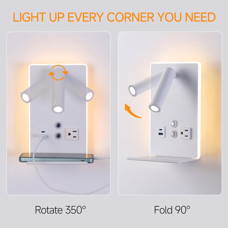 CNMYKYDS Wall Mounted Reading Light with Shelf - 3 Color