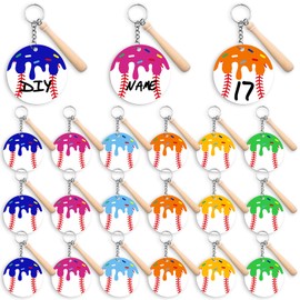 12 Pcs Baseball Acrylic Keychains with Mini Wooden Bats, Ice Cream Drip Sports Keychain Set for DIY Writing, Celebrations and Everyday Accessories(Baseball,Multi-color)