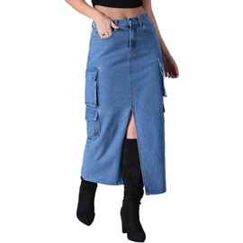 CIMUK Women's Maxi Denim Skirt Front Split Button Front Elastic Waist Streetwear Flap Pockets Cargo Jean Skirts X-Large Blue