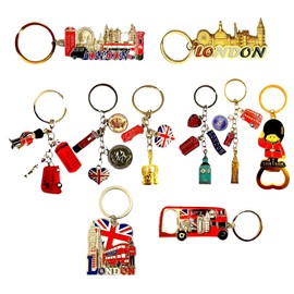 London Treasures Keychain Set - 10 Unique British-Inspired Charms with Union Jack & Bottle Opener - Elegant UK Souvenir Metal Key Rings -
