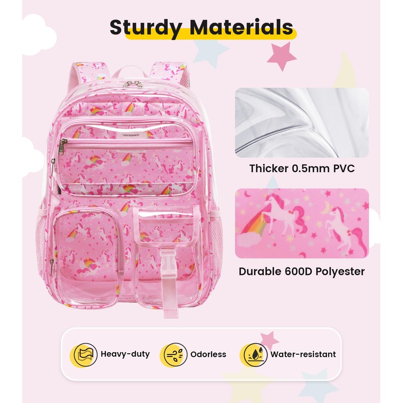 Vorspack Clear Backpack for Girls, Cute Transparent School Bookbag, Pink