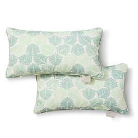 MARTHA STEWART Modern Banana Leaves Indoor Outdoor Decorative Lumbar Pillow 2-Pack Set, UV Fade Resistant, Water Repellent, Printed Tropical Design, 11"x18", Green