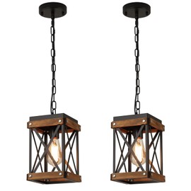 2 Pack Rustic Farmhouse Wood Pendant Light Fixture One-Light Adjustable Chain Oak Wood and Metal Lantern Cage Small Pendant Lighting for Kitchen Island Sink Hallway Farmhouse Bathroom Bar, Black