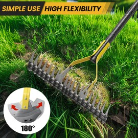 Thatch Rake 5.5FT Heavy Duty Metal Dethatcher Rake with Adjustable Long Handle 19-Tine 15” Wide Lawn Yard Garden Tool for Cleaning Dead Leaf Grass Loosing Soil