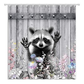 JEJOMEAG Rustic Raccoon Shower Curtain Funny Cute Animal Floral Farmhouse Barn Door Grey Fabric Bathroom Curtain with Hooks, 70Wx70H