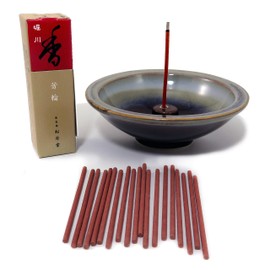 SHOYEIDO River Path (Hori-kawa) Incense, 20-Stick Bundle with Mountain Mist Round Ceramic Incense Holder