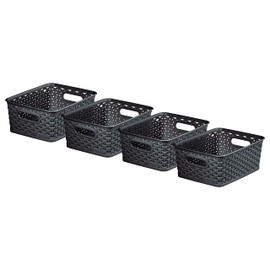 Curver My Style Rattan Effect Set of 4 Kitchen, Living room, Bathroom, Bedroom, Utility Small Rectangular Storage Baskets 4 Litres - Anthracite, Dark Grey