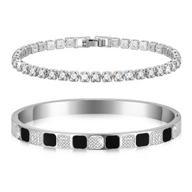 VNOX Women's Bangle Silver: Women's Tennis Bracelet Chessboard 17 cm 2 Pieces Women's Bracelets Zirconia 6 mm Wide Stainless Steel Jewellery Gift for Girls Mum Friend Daughter, Stainless Steel