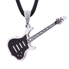 DonDon Leather Necklace Electric Guitar Pendant Stainless Steel + Black Velvet Pouch, Stainless Steel, No Gemstone