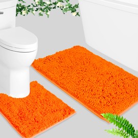 BOANKODU Bath Mat Sets 2 Piece, Soft Chenille Absorbent Non-Slip Mat, 32x20 U Shape + 20x20 Inch; Machine Washable (Orange)