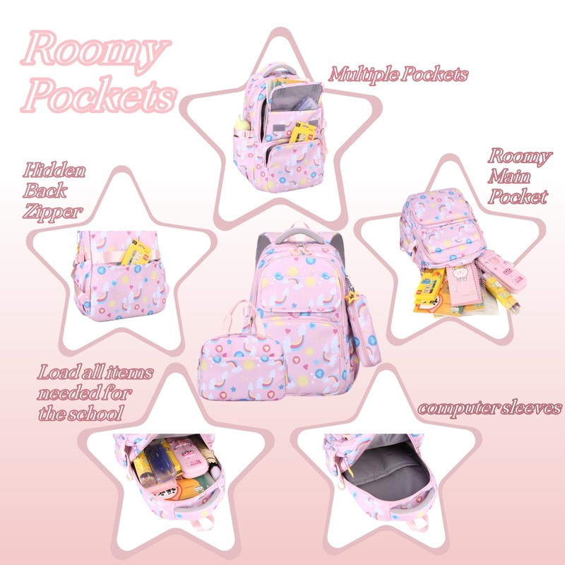 Mfikaryi Kids Backpacks for Girls Rainbow BookBag Set Teens School