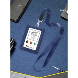 Porta Gafete con Cordón,Tarjetero de Cuero Genuino,Soporte para Tarjetas de Identificación con Ventana Vertical Transparentepara el Cuello para Oficina, Negocios, Trabajo (Azul)