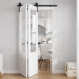 ALAMEDADT 60" Bifold Barn Door Hardware Kit for Closet Doors, Heavy-Duty Black Steel Track & Rollers, Smooth Quiet，Fits Double 28" Bi-Folding Closet Doors (Door Panels Not Included)