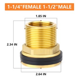 GASHER 1PCS Brass 1-1/4" Female 1-1/2" Male Bulkhead Tank Connector Adapter Fitting with Rubber Ring