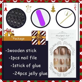 24Pcs Christmas Short Press on Nails Square White Snowflake Fake Nails Glossy Acrylic Glue on Nails with Champagne Gold Glitter Design Full Cover Nail Tips False Nails for Women Xmas Holiday Manicure