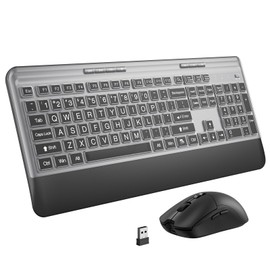 KOPJIPPOM Silent Wireless Keyboard and Mouse Combo - Keyboard with Large Print Cover, 2.4GHz Full-Sized Ergonomic Keyboard with Wrist Rest and Mouse for Laptop, PC, Notebook, Desktop