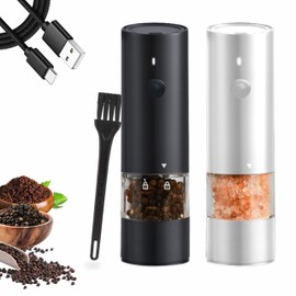 Electric Salt and Pepper Grinder Set - Black & White (2 pack), One-Handed Control, USB Rechargeable, Pepper Mills, LED Light, Adjustable Coarseness