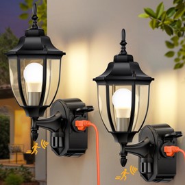 OYKYOHEI 2 Pack Porch Lights with Outlet, Motion Sensor Outdoor Lights, Updated Dusk to Dawn Exterior Lighting Fixtures, Waterproof Anti-Rust Aluminum Outside Light for House Entryway Garage, Black