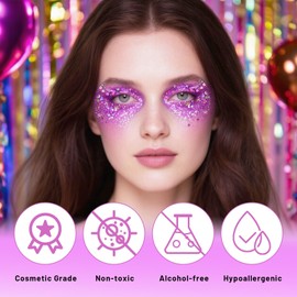 Prreal Body Glitter Gel, Holographic Face Glitter Body Gel Rave Party Accessories, Chunky Glitters for Face Hair Nails, Cosmetic Laser Powder Festival Sequins Paint Makeup, #Deep Purple