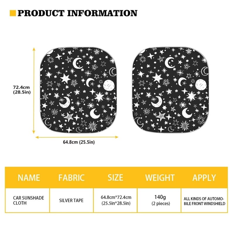 STUOARTE Moon Stars Print Windshield Sun Shade - 2 Pieces