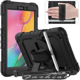 Timecity - Funda protectora para Galaxy Tab A de 8 pulgadas (solo compatible con SM-T290/T295 lanzada en 2019), resistente, con soporte giratorio de 360°, cubierta para tablet con protector de pantalla y correa para la mano