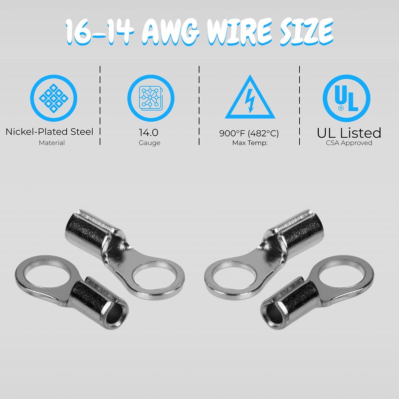 High-Temperature Ring Terminals- 16-14 AWG Wire Size; 6" Stud Size-