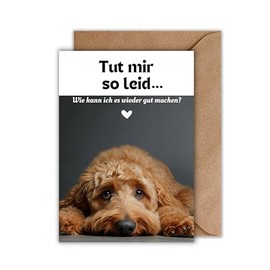 WBdesignz Apology Card with Envelope – Regret Card "Tut mir so Sorry... Sorry Card Reconciliation Cockapoo with Sad Look Dog Animal (DIN A6)