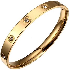 Men Women's Oval Pave Crystal CZ Cuff Stainless Steel Bangle Bracelet Jewelry 7.5'' (Gold-Perimeter 7.5inches)