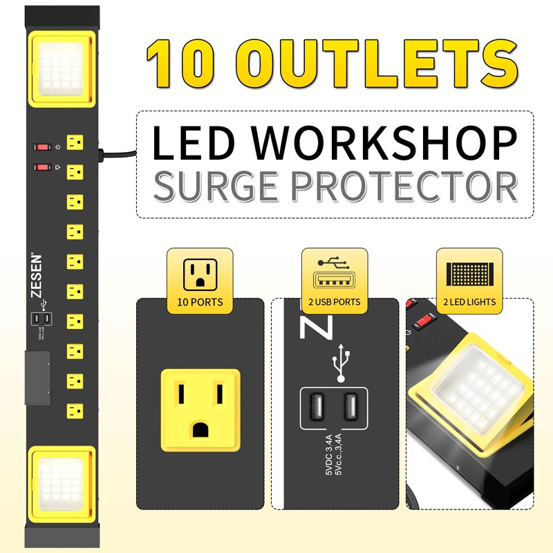 Heavy Duty Metal 10 Outlets Long Power Strip with LED