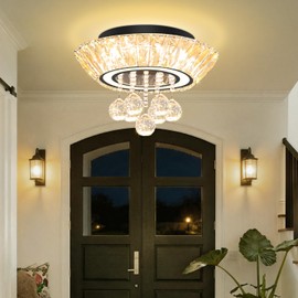 IDEQUY Modern Led Crystal Chandelier for Living Room Crystal Raindrop Chandeliers for Dining Room, Bedroom 12in Black Flush Mount Chandelier with Remote