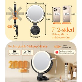 Gospire 7” Wall Mounted Makeup Mirror with Powerful Suction Cup, Double Sided 1X/10X Magnification, 3 Color Lights and Adjustable Brightness, 2000mAh Rechargeable Battery, Shaving for Men - Black