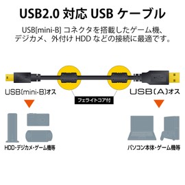 エレコム USBケーブル 【miniB】 USB2.0 (USB A オス to miniB オス) フェライトコア付 1m ブラック U2C-MF10BK