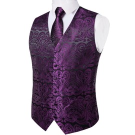 DiBanGu Mens Vest and Tie Set Formal Paisley Waistcoat and Necktie Pocket Square Cufflinks Silk Suit Vest for Tuxedo Wedding, Dark Purple, 3X-Large