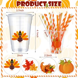 Uiifan 60 Pcs 12 oz Fall Disposable Plastic Cups with Lids and Straws Pumpkin DIY Cups Maple Turkey Leaf Cups for Cold Drinks Iced Coffee Juice Tea Thanksgiving Party Supplies